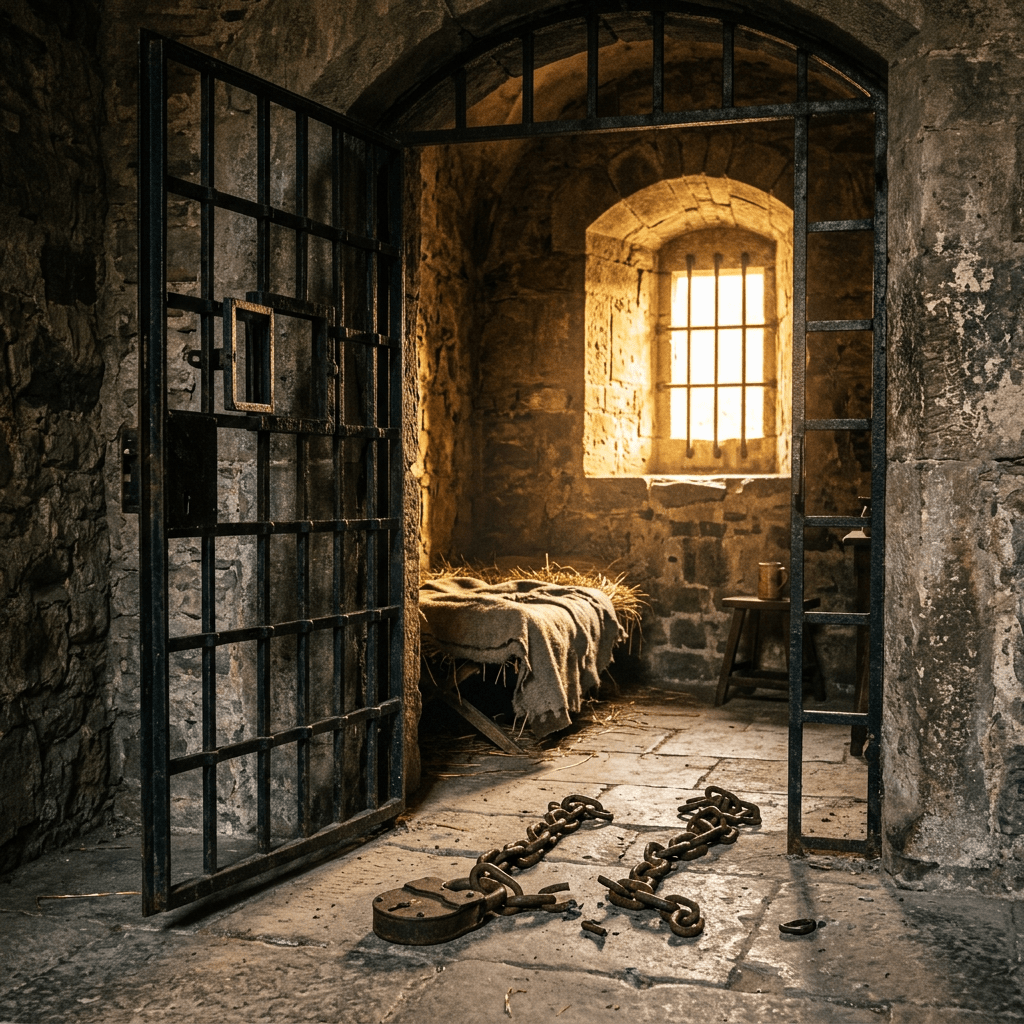 Rusty chains on stone floor in a dimly lit prison cell with barred window