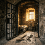 Rusty chains on stone floor in a dimly lit prison cell with barred window