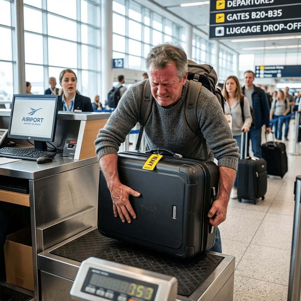Man struggling to lift heavy suitcase on airport scale