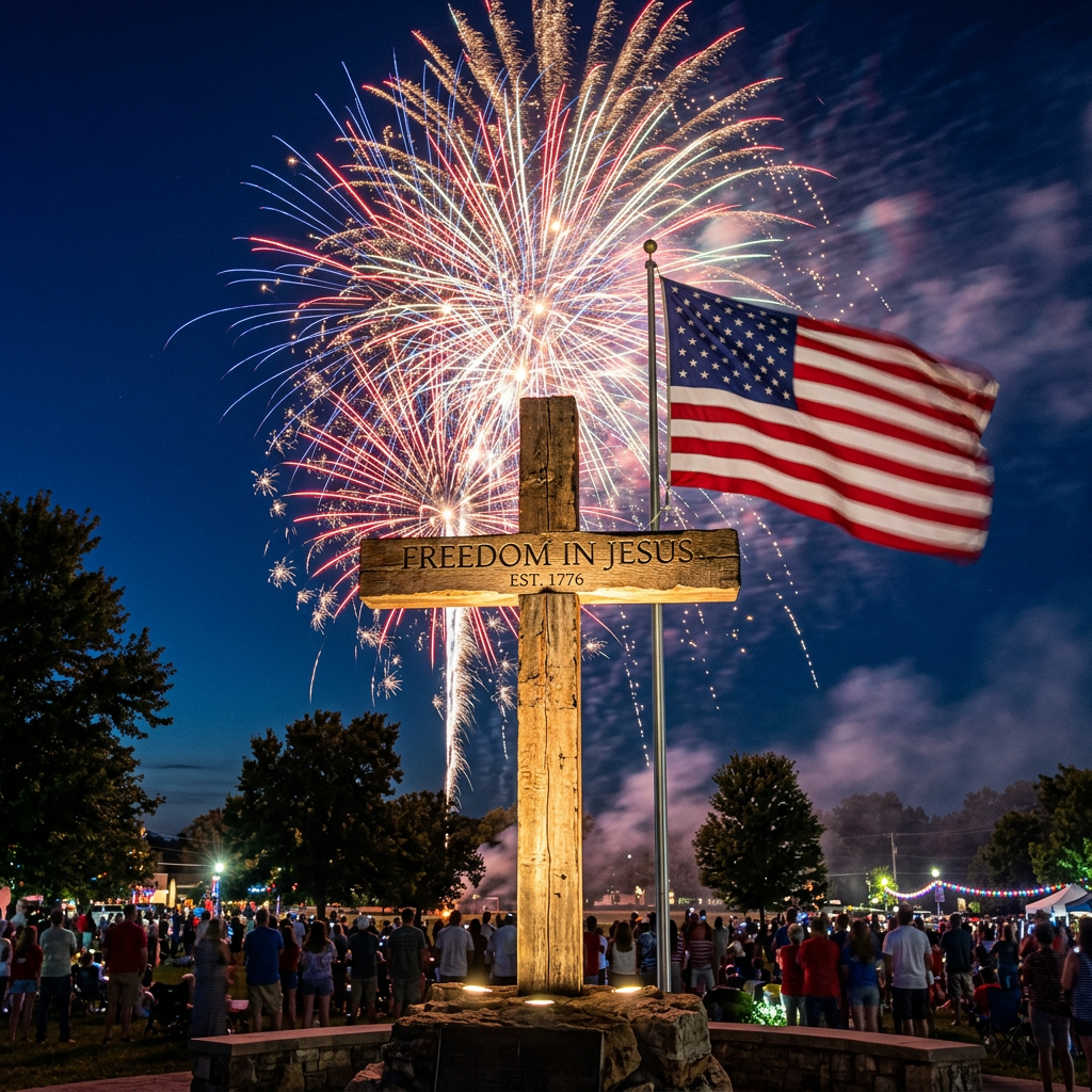 Wooden cross with 'Freedom in Jesus Est. 1776' text beside American flag and fireworks